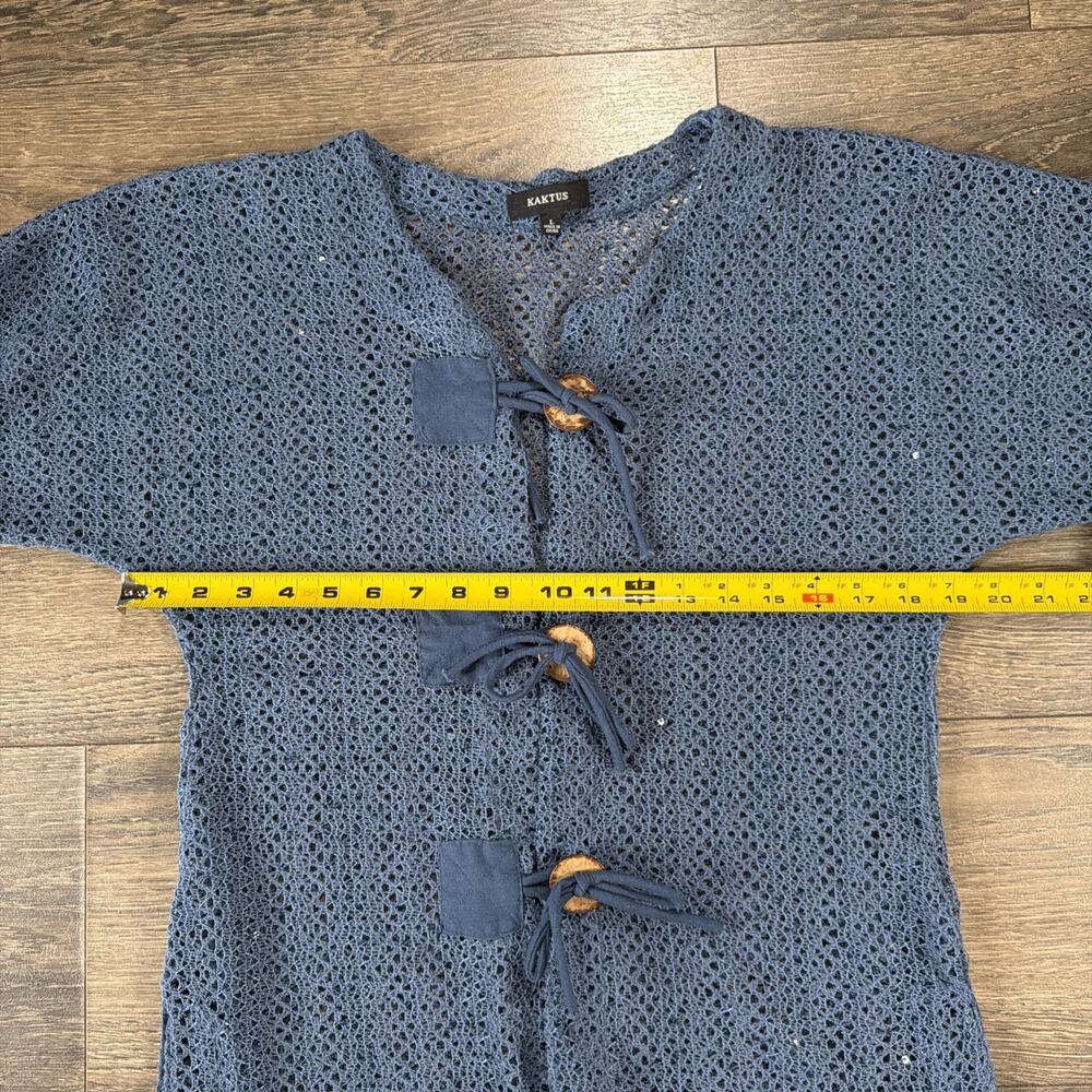 Y2K Kaktus Sz L Blue Crochet Toggle Cardigan Whimsigoth Boho Festival Fairy Knit - Picture 7 of 11